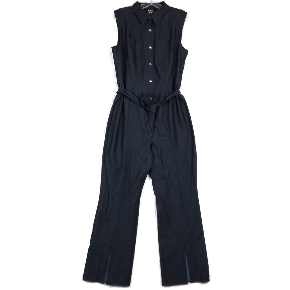 Worthington Womens Jumpsuit Jumper Navy Blue Sleeveless Wide Leg Waist Tie L New
